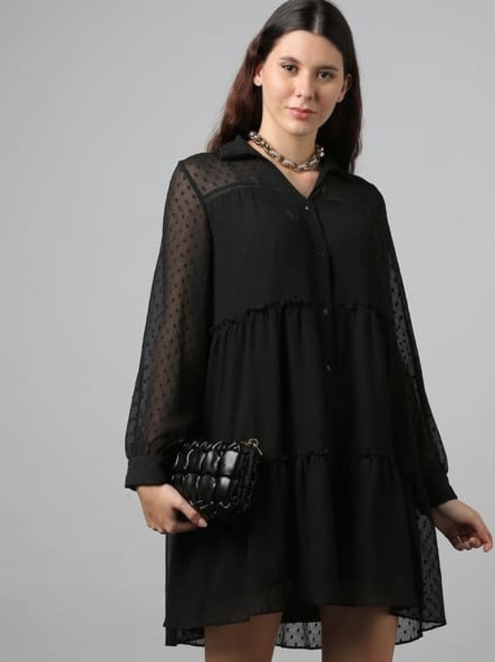 Zara Black Tiered Button-Front Dress with Sheer Dotted Sleeves